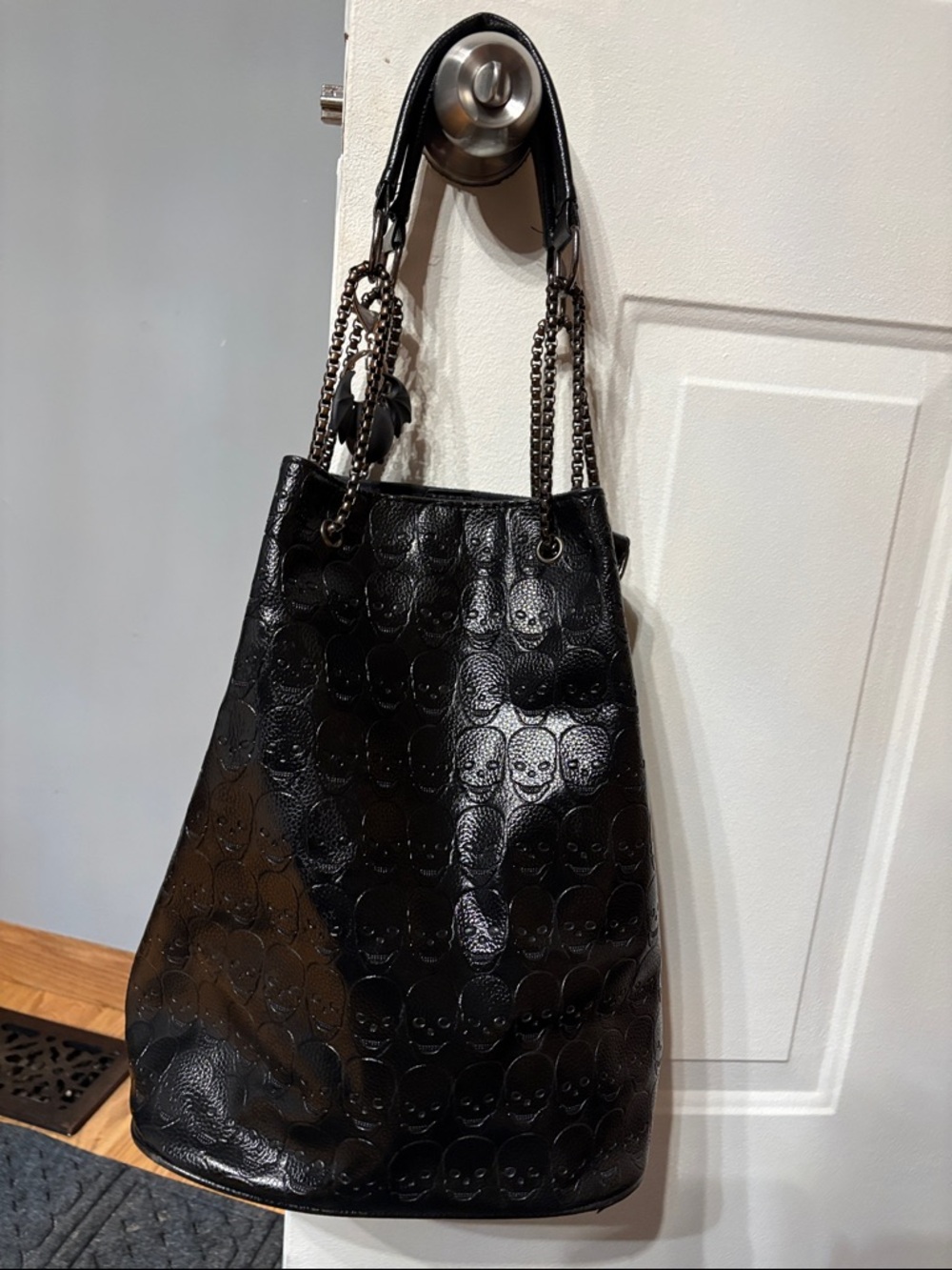 Black Skull-Embossed Shoulder Tote Bag